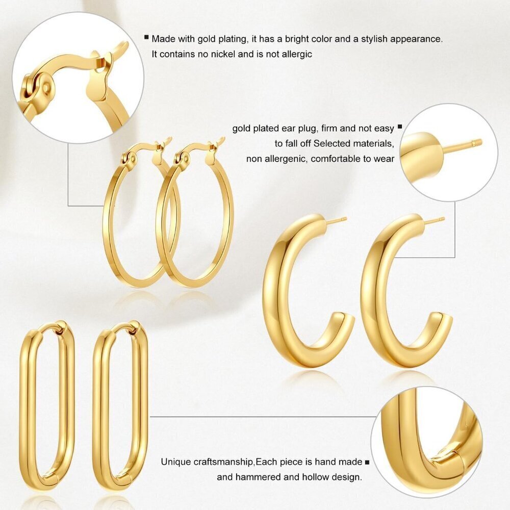 6 Pairs Gold Silver Hoop Earrings Set for Women Hypoallergenic 14K Gold Plated - Picture 5 of 7